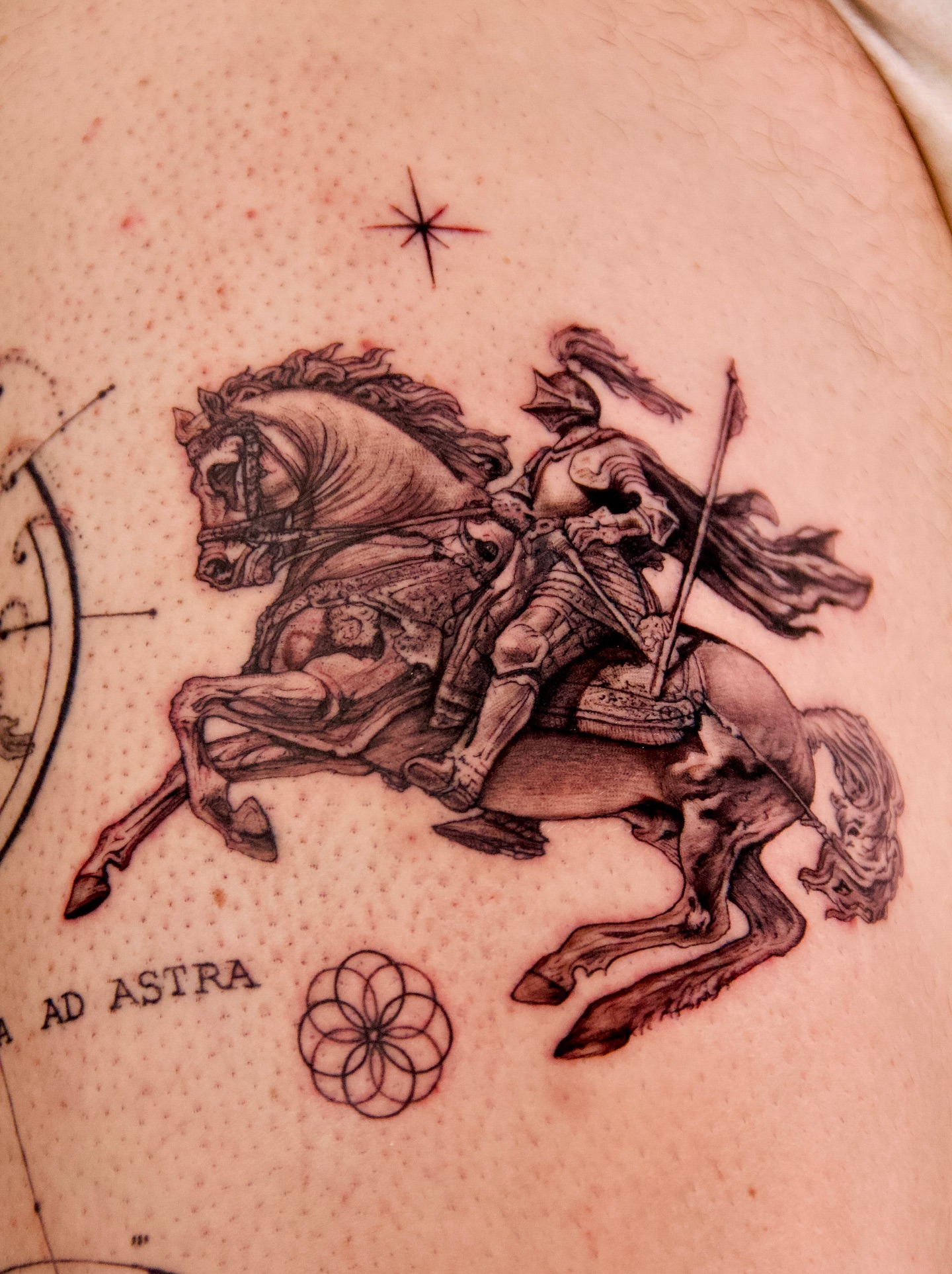 Fine line tattoo of an armored knight on horseback